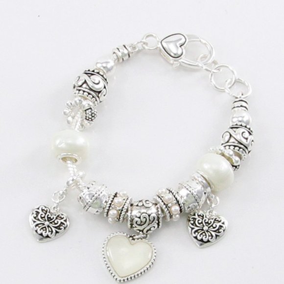None Jewelry - SILVER Tone White Heart Charm Bracelet